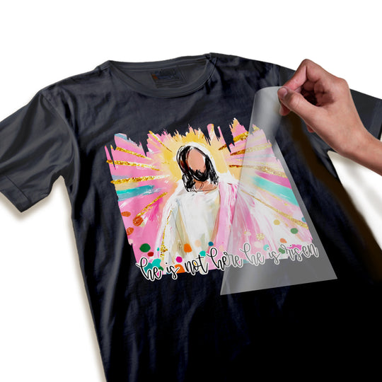 Close-up detail of Easter DTF transfer showing gold glitter texture, watercolor paint effects, and high-resolution Jesus silhouette quality