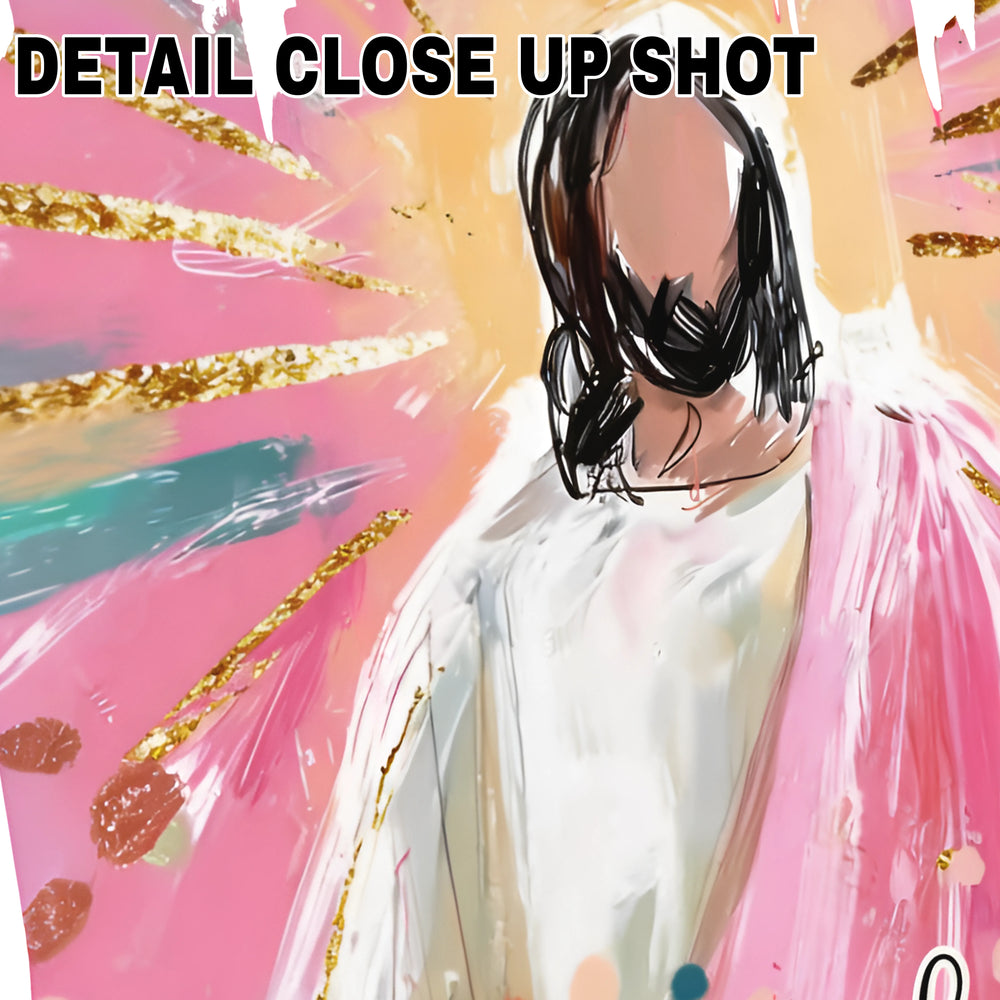 Easter DTF transfer design showing Jesus silhouette with watercolor brushstroke rays in pink, gold, and teal colors with inspirational resurrection text