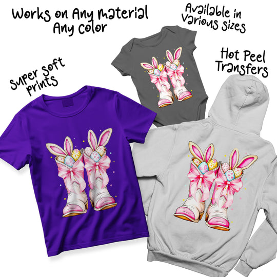 Multiple color variations of Easter cowboy boots DTF transfer design displaying different pastel color combinations and artistic watercolor effects