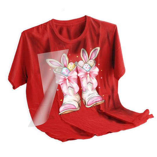 Heat press application of pink cowboy boots Easter DTF transfer being applied to fabric showing proper placement and pressing technique
