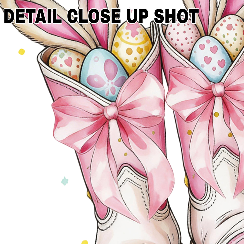 Easter DTF transfer design showing pink cowboy boots decorated with bunny ears, pastel Easter eggs, and pink ribbon bows on white background