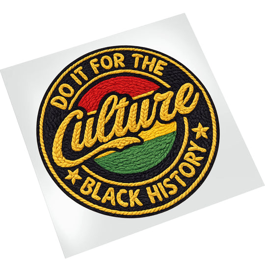 Black History Culture DTF transfer on white background showing textured embroidered look with vibrant red, gold and green colors ready to press