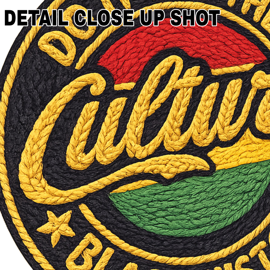 Culture DTF transfer design with Do It For The Culture text in textured yarn-like appearance with red, gold and green Pan-African colors on black background