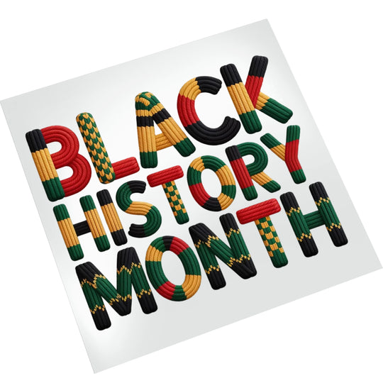Black History Month yarn-style DTF transfer displayed on white background showing textured rope-like letter design