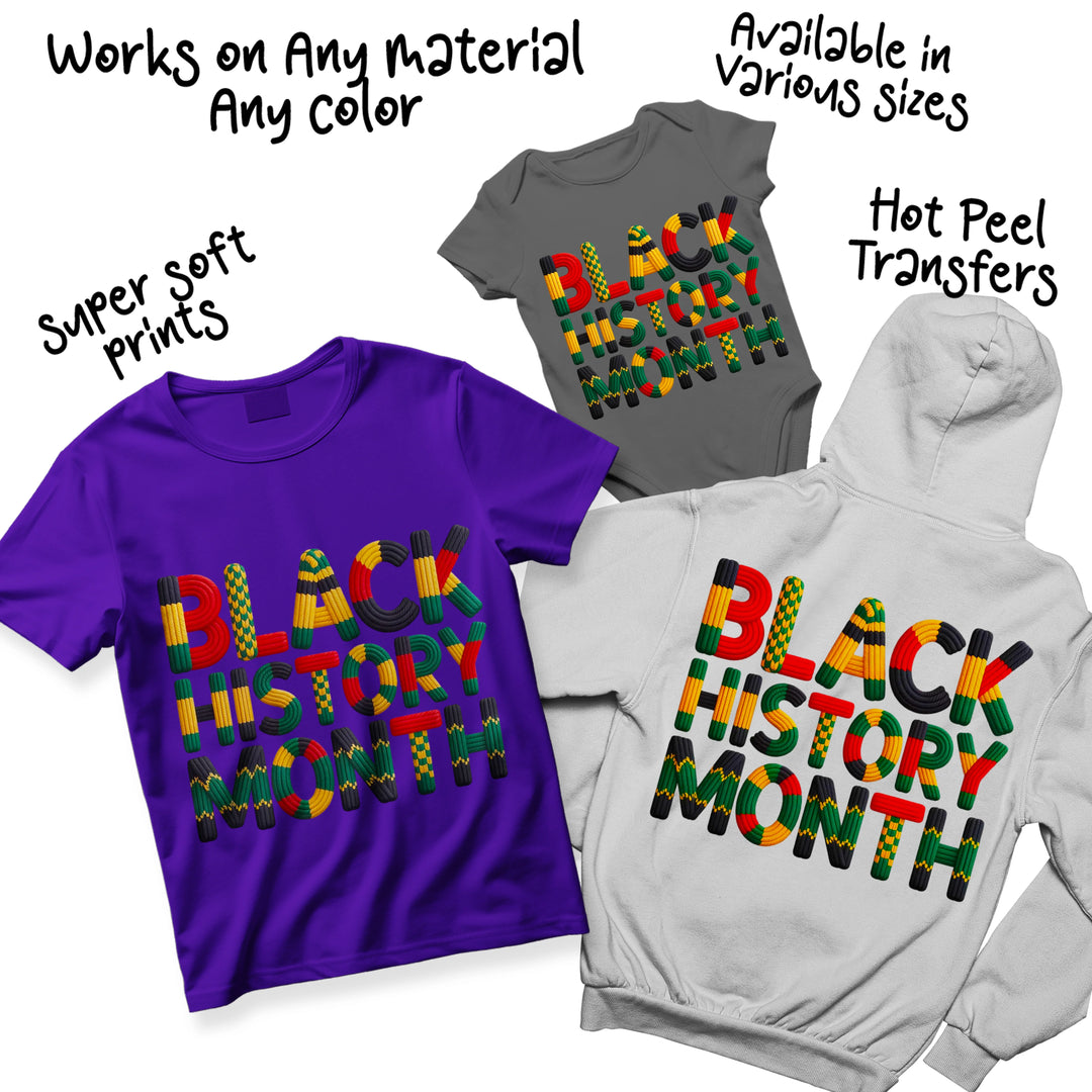 Multiple color variations of Black History Month yarn-textured DTF transfer designs showing different Pan-African color combinations