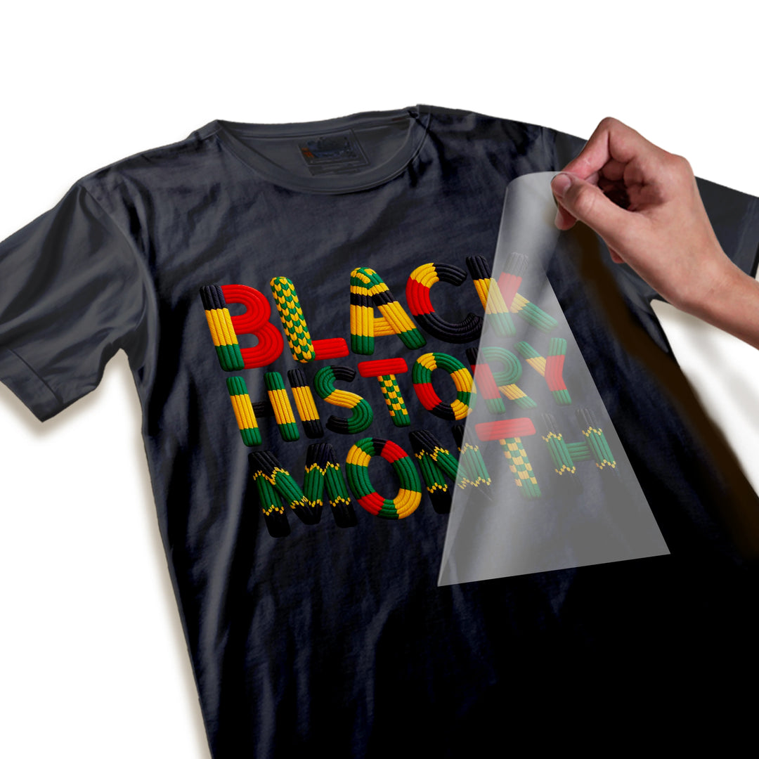 Close-up detail of yarn-textured Black History Month DTF transfer showing dimensional knitted rope appearance and color gradients