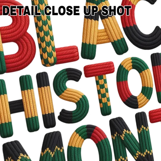 Black History Month DTF transfer design with yarn-textured lettering in red, gold, green and black colors on transparent background