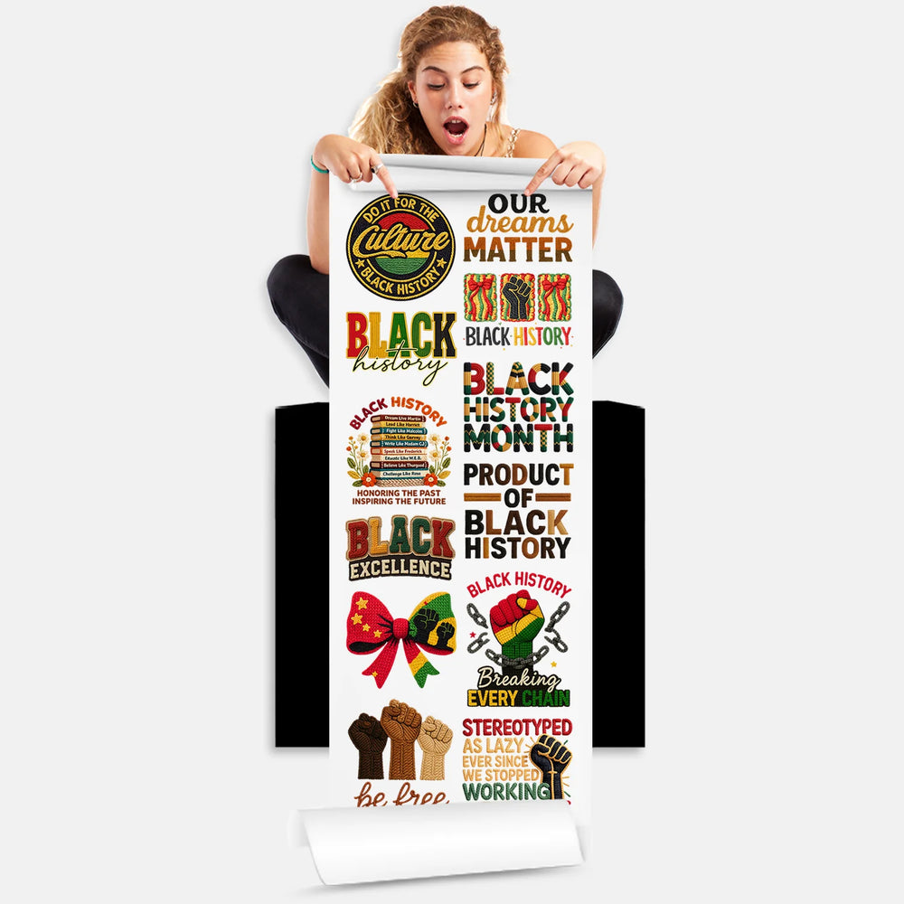 Person holding Black History faux yarn DTF transfer gang sheet with 12 designs celebrating culture and heritage