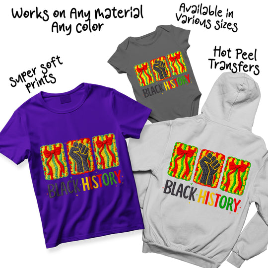 Multiple color variations of Black History fist DTF transfer showing different textured border combinations in vibrant colors