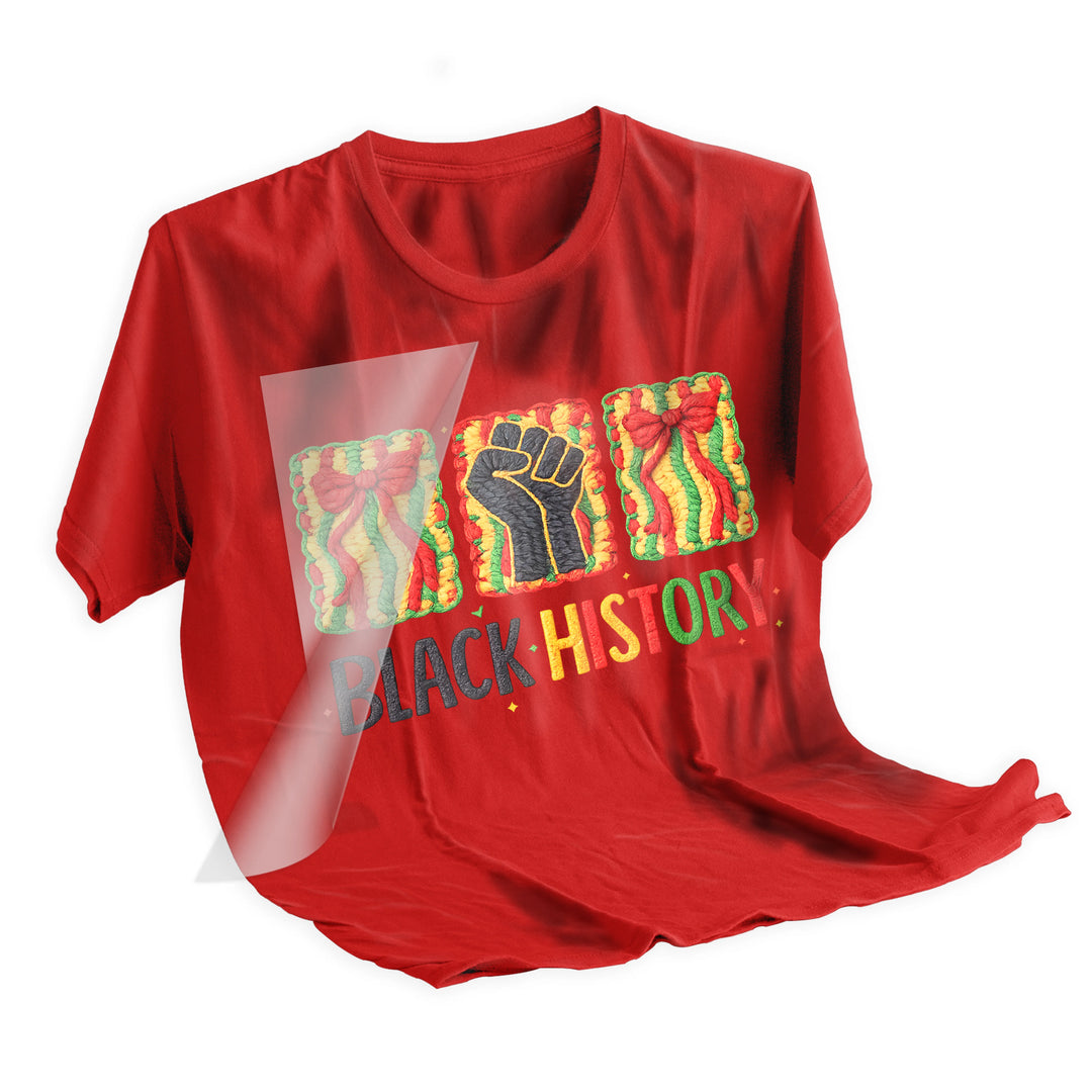 Black History unity fist DTF transfer applied to dark colored t-shirt showing dimensional knitted texture effect after heat pressing