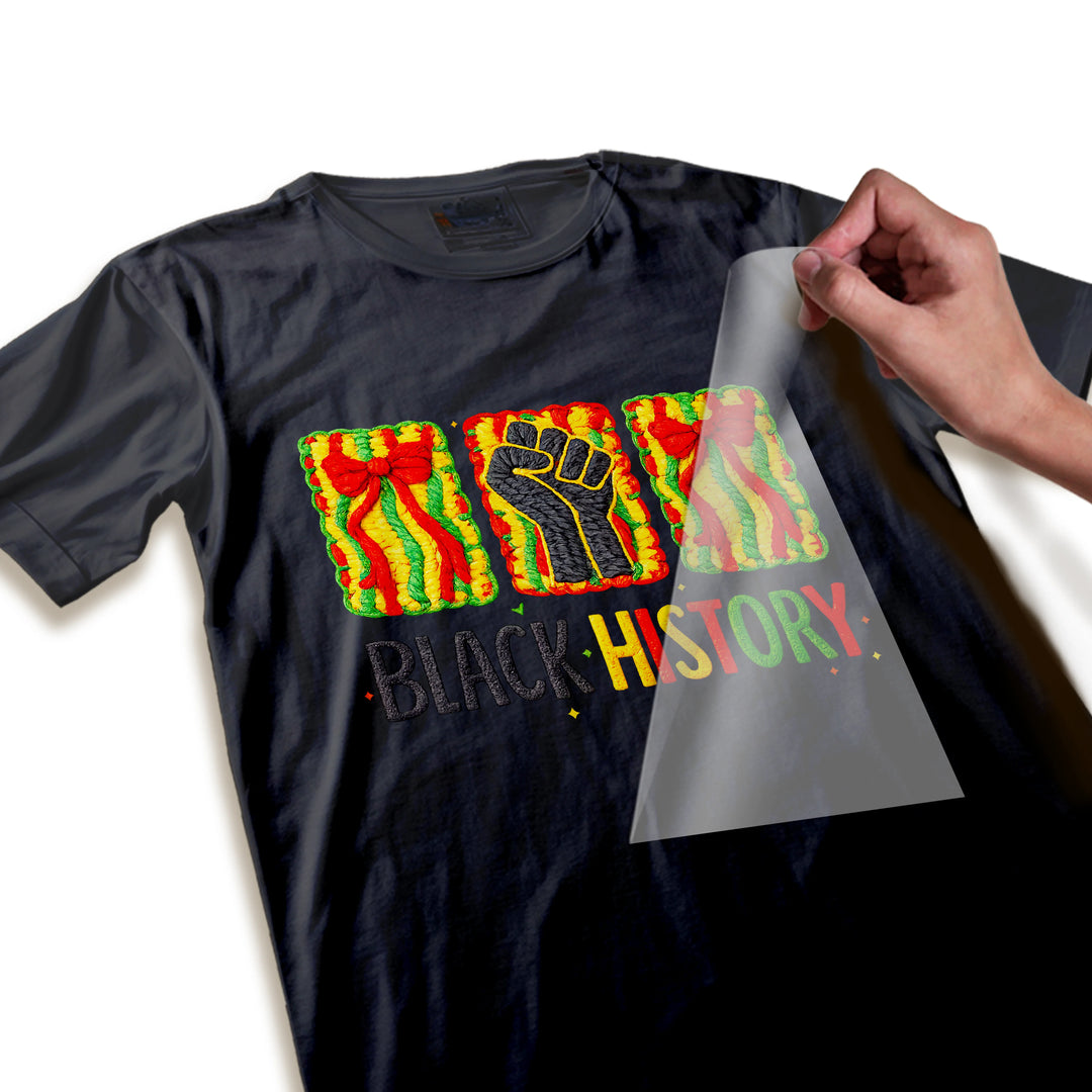 Close-up detail of Black History DTF transfer showing raised fist design and intricate yarn-like textured borders in red, yellow and green