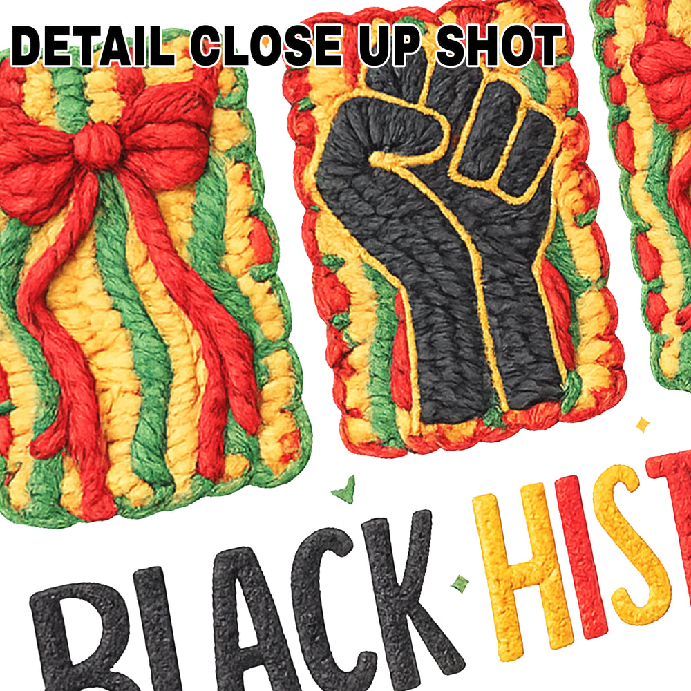 Black History DTF transfer design showing raised black fist surrounded by red, yellow and green knitted textured borders with unity theme