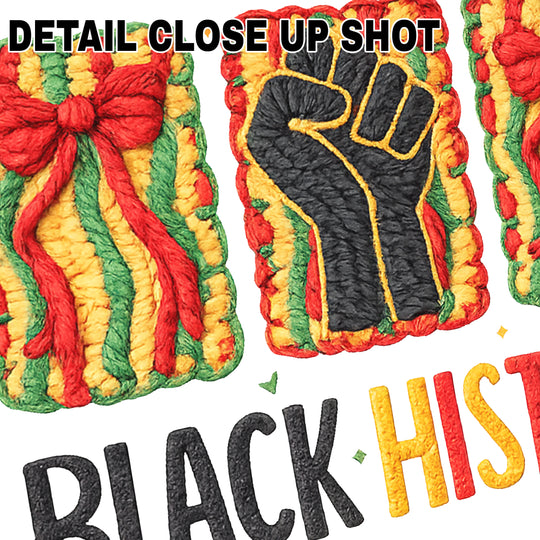 Black History DTF transfer design showing raised black fist surrounded by red, yellow and green knitted textured borders with unity theme