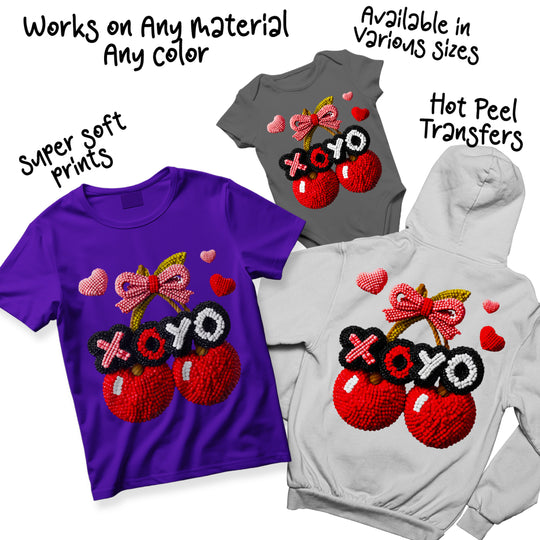 Multi-color Valentine cherry DTF transfer variations showing different color combinations of hearts and XOXO lettering in textured knit style