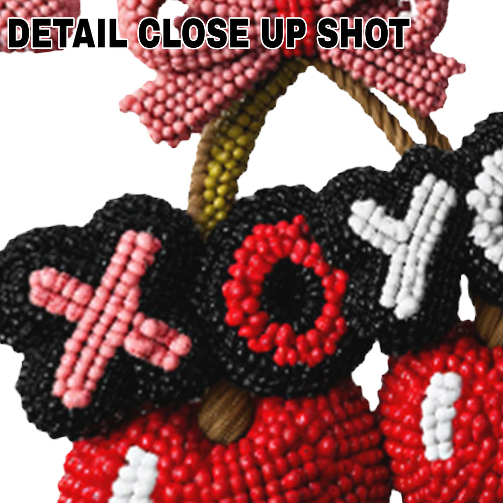 Valentine's DTF transfer design featuring textured red cherries with pink bow and scattered hearts spelling XOXO in knitted appearance style