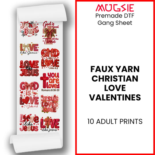 Valentine's Christian Love Faith DTF Transfer Gang Sheet with 10 designs featuring John 3:16 and biblical love quotes