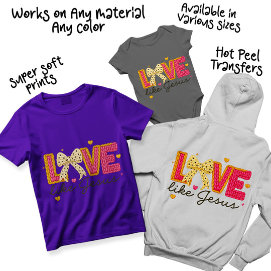 Love Like Jesus Christian DTF transfer showing multiple color variations of the knitted yarn texture design