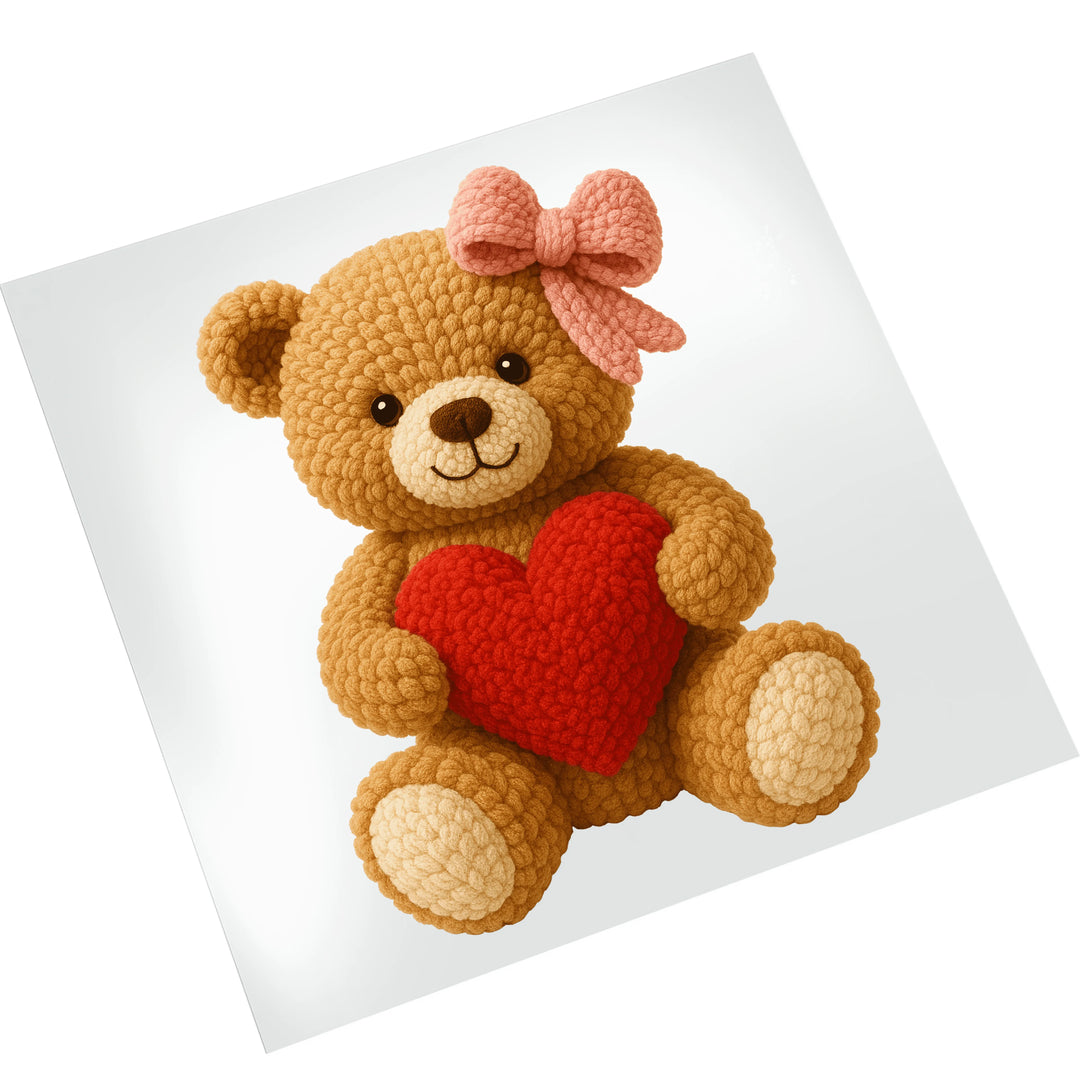 Valentine's Day teddy bear DTF transfer with yarn-like texture displayed on white mockup background