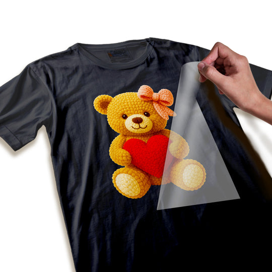 Close-up detail of knit teddy bear DTF transfer showing textured stitching pattern and dimensional appearance