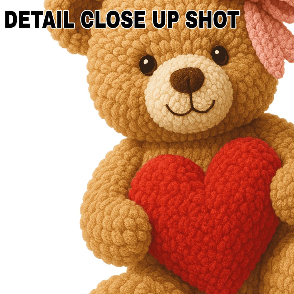 Knit-textured brown teddy bear DTF transfer with pink bow holding red heart on white background