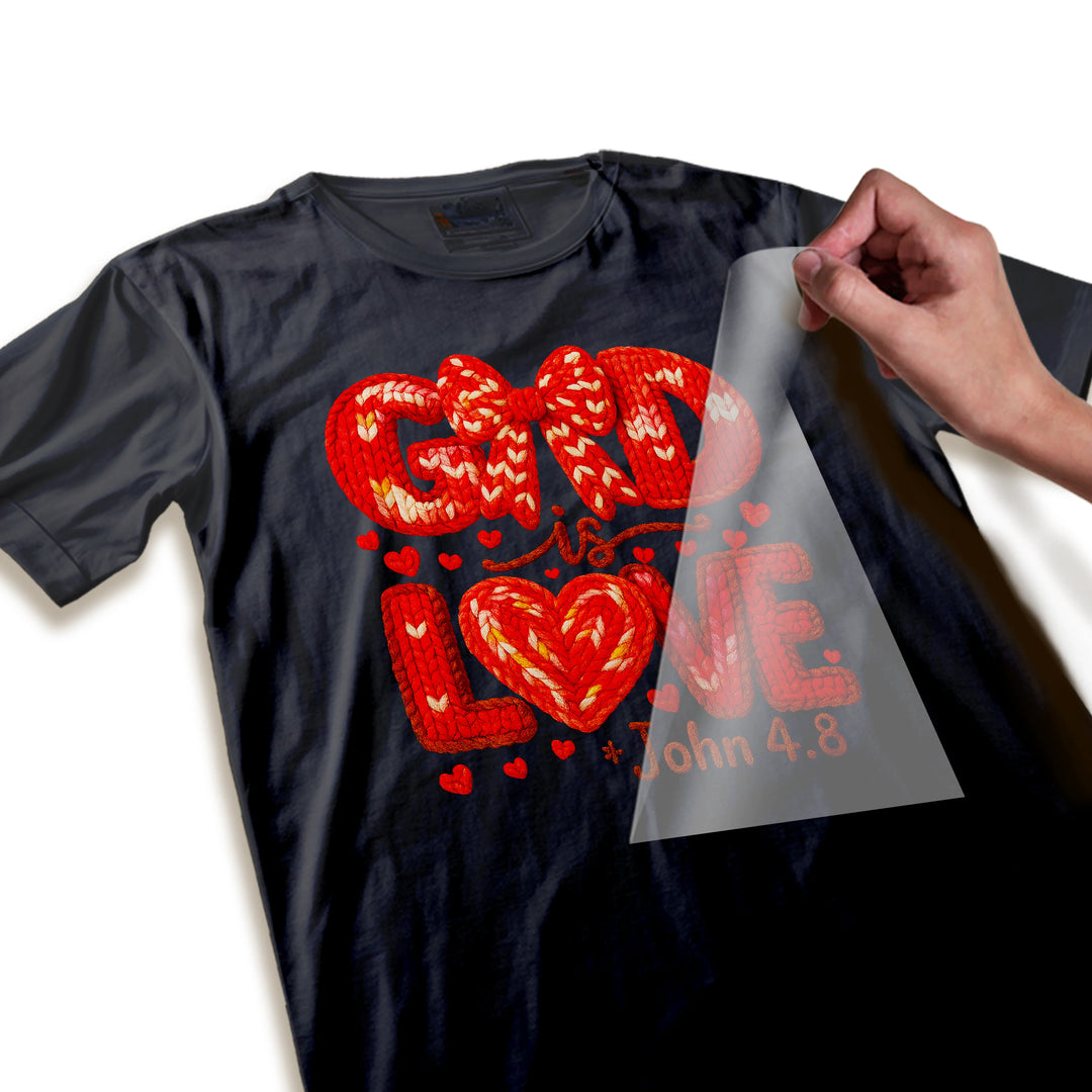 Close-up detail of faux yarn texture on God Is Love DTF transfer showing realistic knitted stitching pattern and dimensional quality