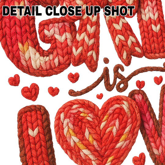 God Is Love DTF transfer design with faux yarn knitted texture in red and cream colors, featuring heart symbol and John 4:8 biblical reference