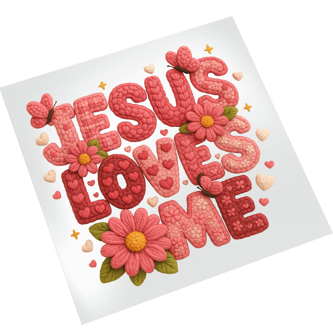 Jesus Loves Me faith DTF transfer showing detailed floral accents and inspirational text in coral pink tones