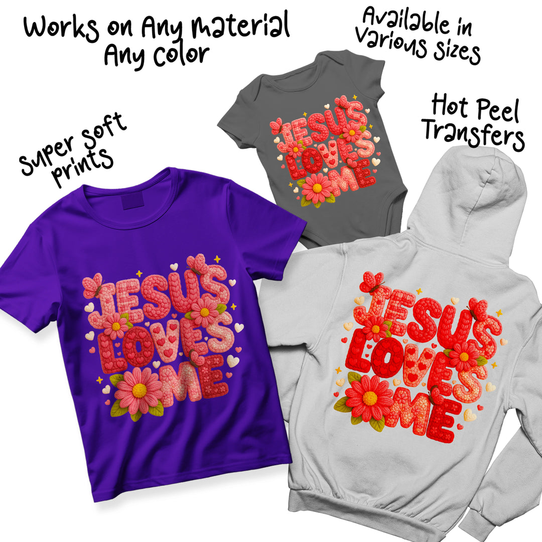 Multiple color variations of Jesus Loves Me DTF transfer design showing different text and floral color options