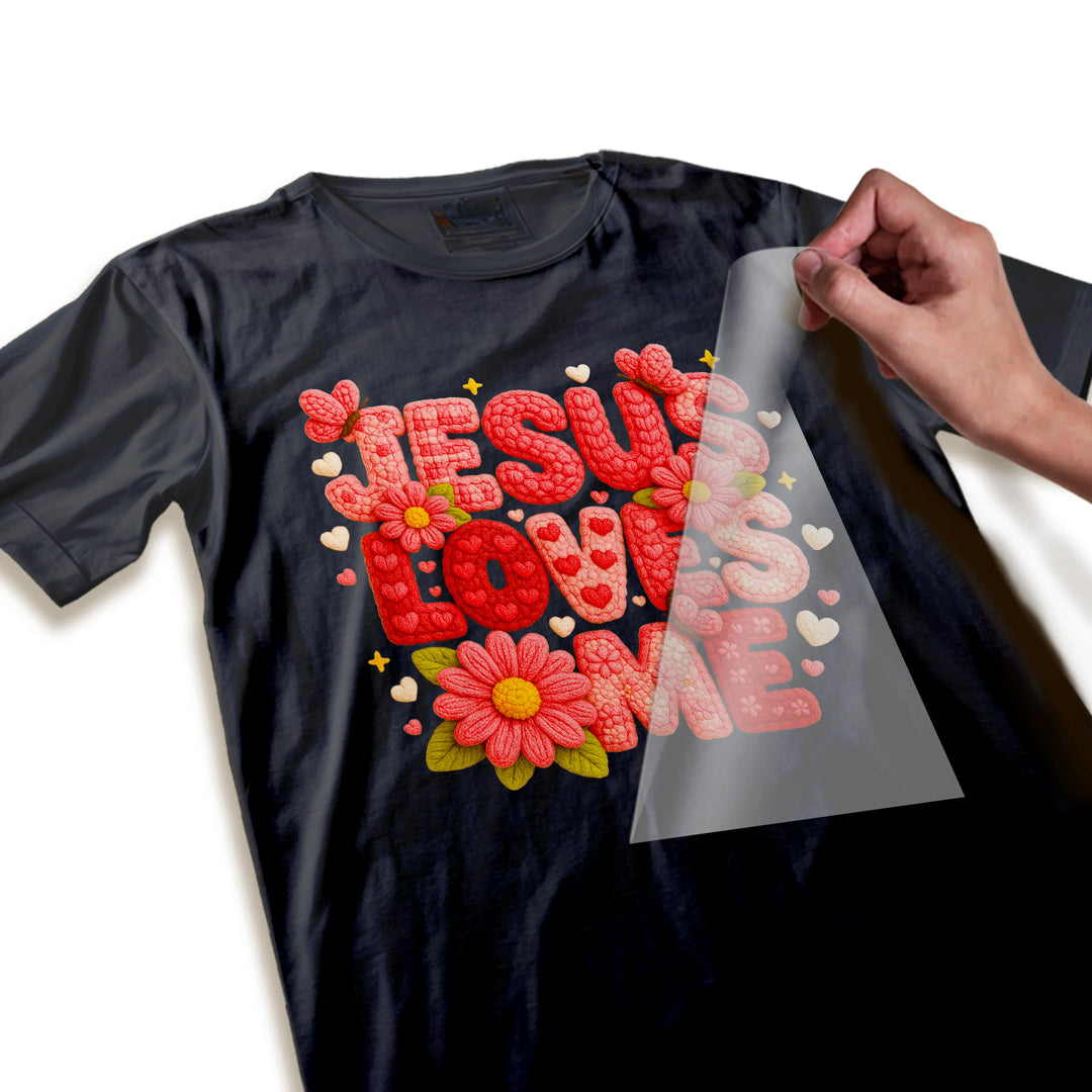 Close-up detail of Jesus Loves Me DTF transfer showing textured lettering quality and intricate floral design elements
