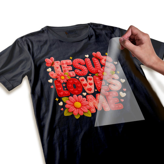 Close-up detail of Jesus Loves Me DTF transfer showing textured lettering quality and intricate floral design elements