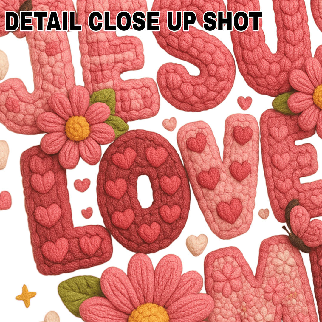 Jesus Loves Me DTF transfer design with pink textured lettering, decorative flowers, butterflies and hearts on white background