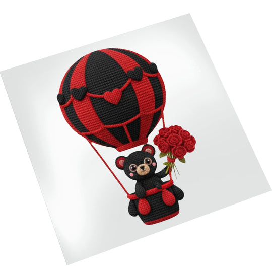 Valentine bear hot air balloon DTF transfer on white background showing textured knit-look design with dimensional details