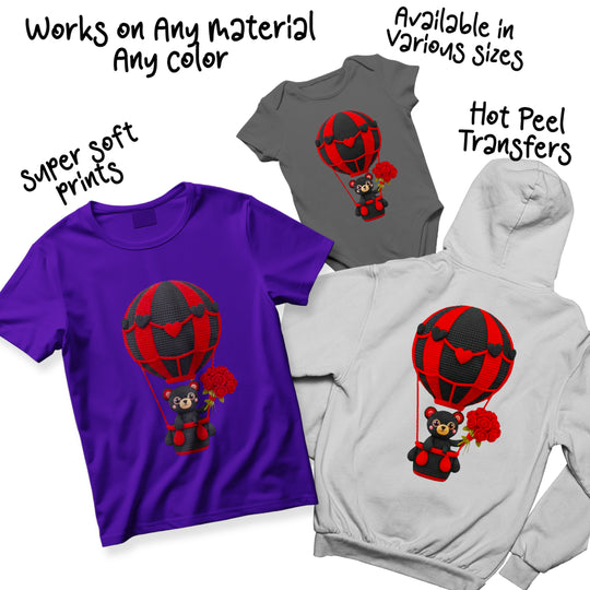 Valentine DTF transfer bear design showing color variations and sizing options for custom apparel printing