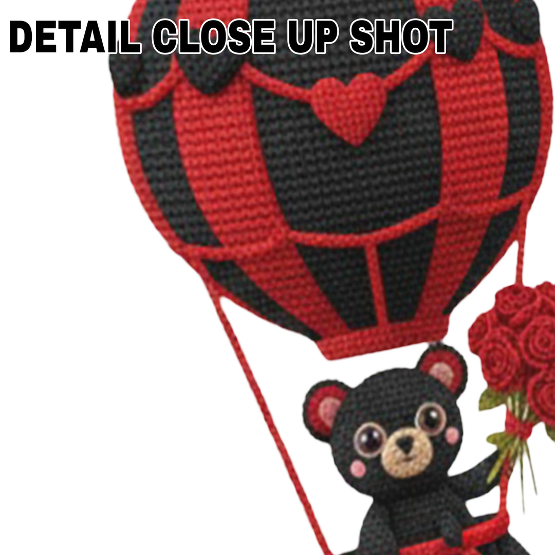 Valentine's Day DTF transfer design showing black bear in red and black striped hot air balloon holding red roses