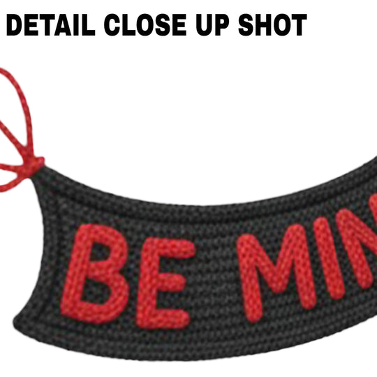 Valentine DTF transfer design featuring BE MINE text in red lettering on black knitted banner with ribbon ties