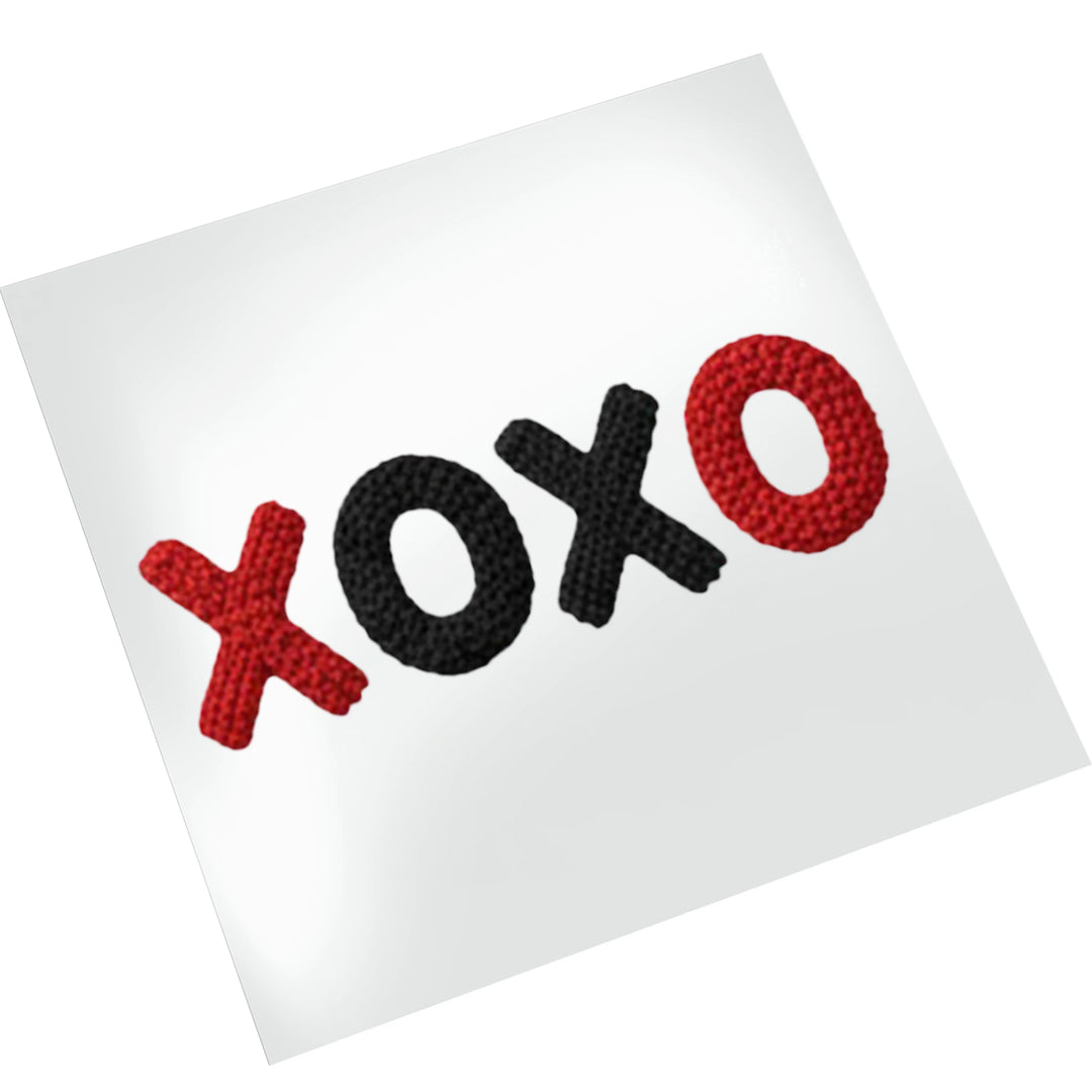 Faux yarn textured XOXO Valentine DTF transfer design displayed on white background showing dimensional knitted letter appearance