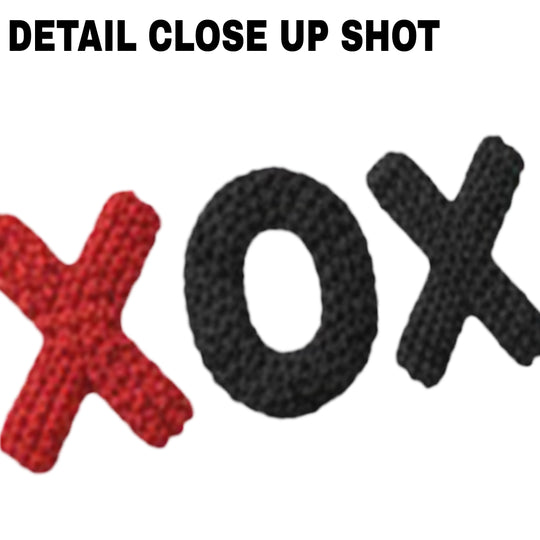 Valentine DTF transfer featuring XOXO text with realistic faux yarn knitted texture in alternating red and black colors on white background