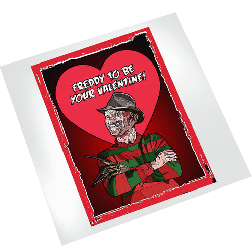 Horror Valentine DTF transfer on white background showing detailed Freddy character artwork with striped sweater, fedora hat, and clawed glove