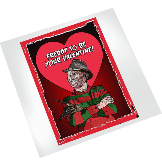 Horror Valentine DTF transfer on white background showing detailed Freddy character artwork with striped sweater, fedora hat, and clawed glove