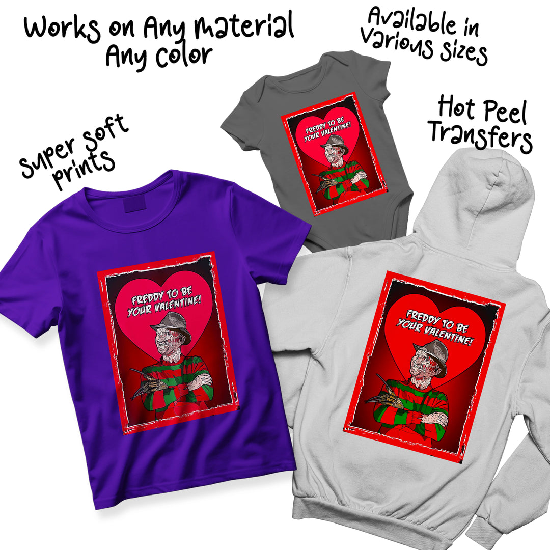 Multiple color variations of Valentine Freddy horror DTF transfer showing different background and text color options for custom printing