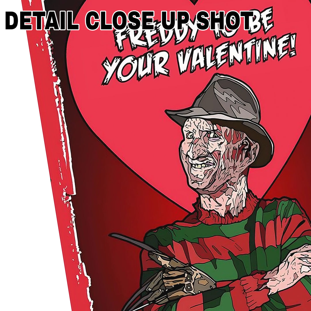 Valentine DTF transfer design featuring Freddy Krueger character with red heart background and 'Freddy to be Your Valentine' text on dark carrier sheet
