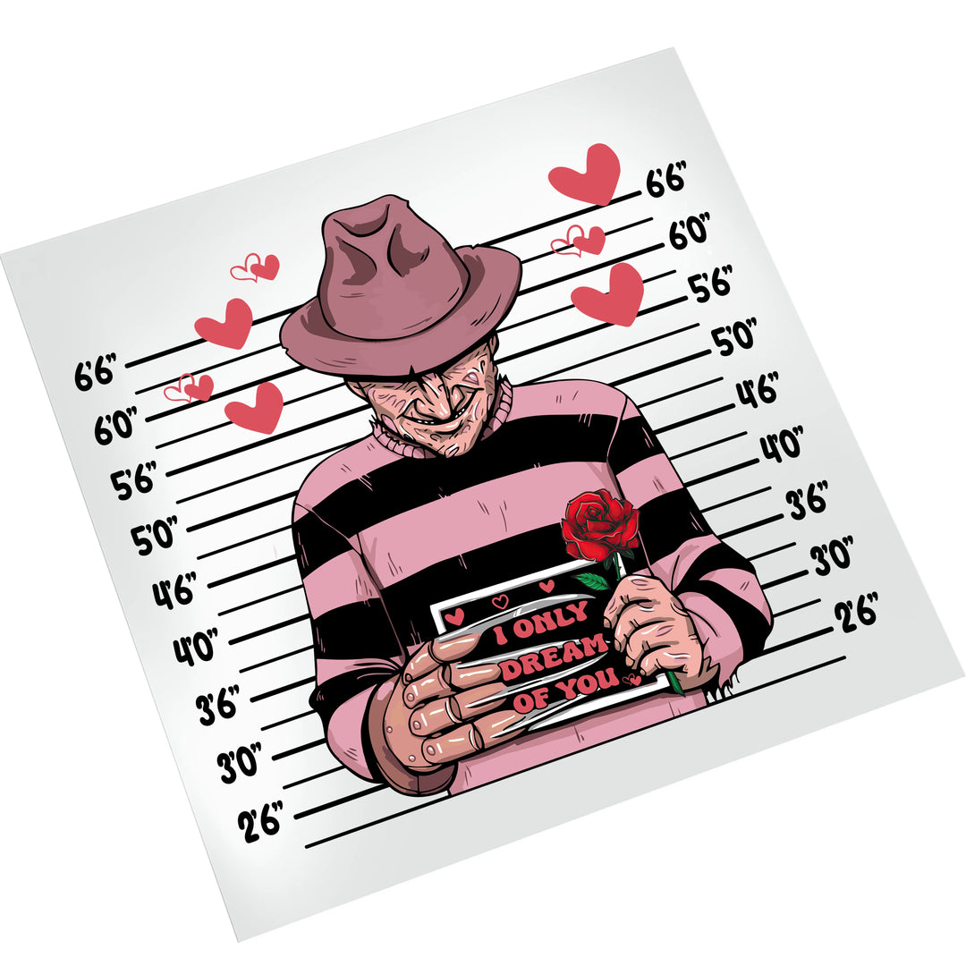 Freddy Valentine mugshot DTF transfer design displayed on white background showing full transfer sheet with horror character, hearts, and measurement lines