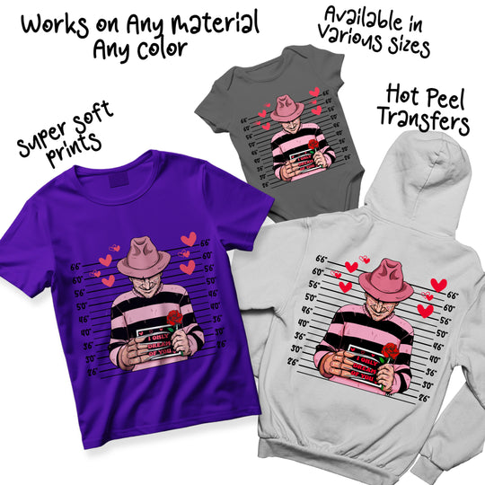 Multiple color variations of Halloween Freddy Valentine DTF transfer showing different color schemes and design options for custom apparel projects