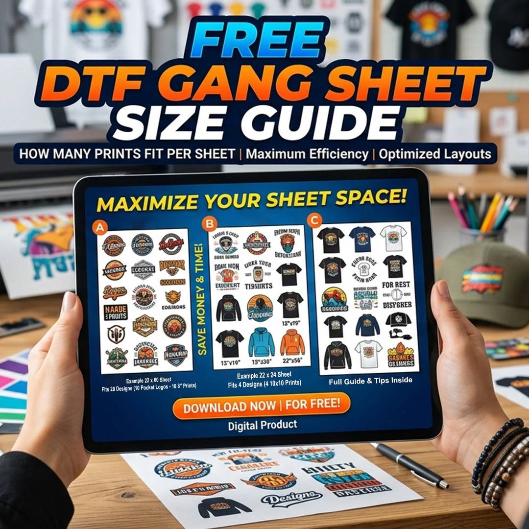 Free DTF gang sheet size guide showing how many prints fit on each sheet size — free download from Mugsie DTF