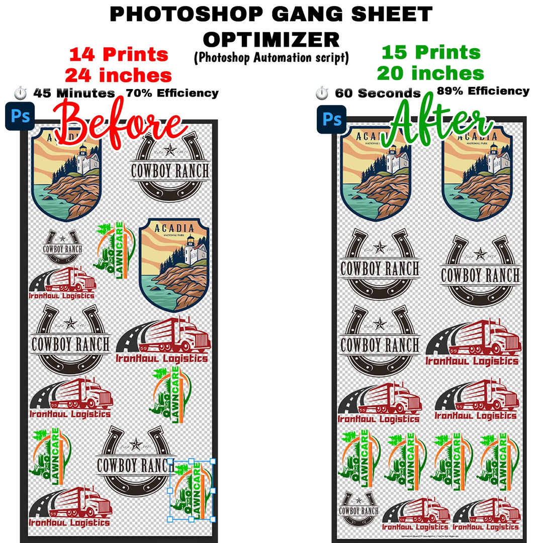 Photoshop Gang Sheet Optimizer Script Before and After comparison showing manual layout vs automated nesting efficiency for DTF printing gang sheets