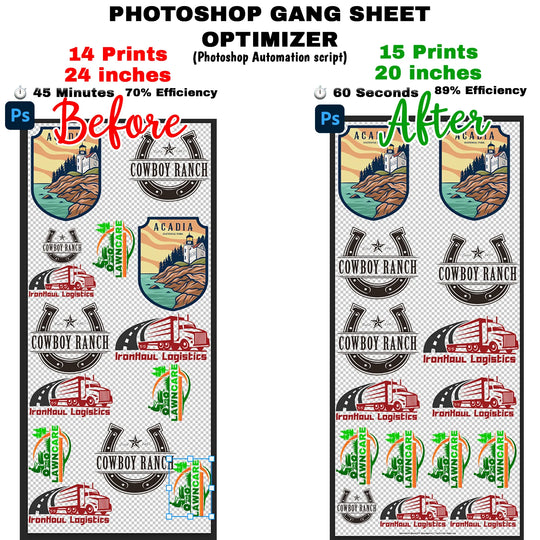 Photoshop Gang Sheet Optimizer Script Before and After comparison showing manual layout vs automated nesting efficiency for DTF printing gang sheets