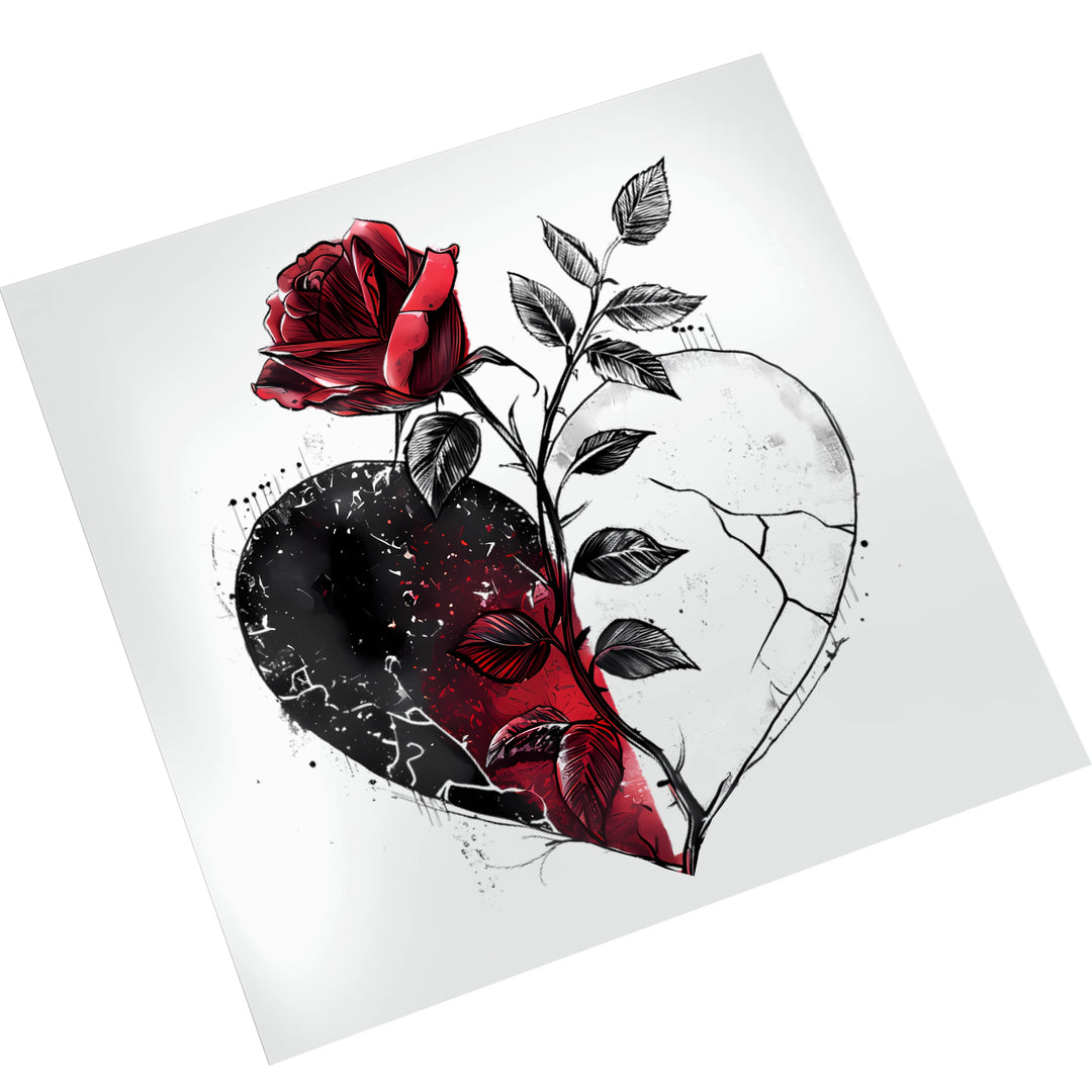 Valentine gothic rose heart DTF transfer displayed on clean white background showing detailed red petals and weathered heart design