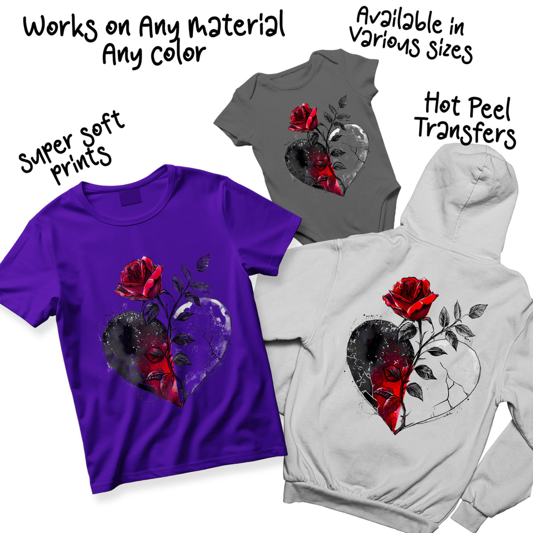 Multi-color variation of gothic Valentine heart DTF transfer showing different rose colors and heart shading options for custom printing