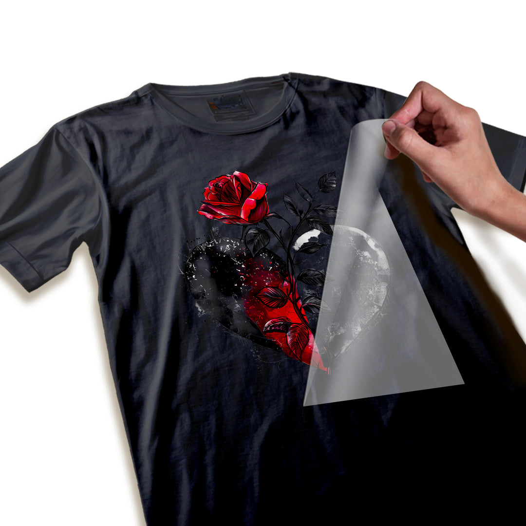 Close-up detail of gothic Valentine DTF transfer showing textured rose petals, splattered effects, and crisp line work in the heart design
