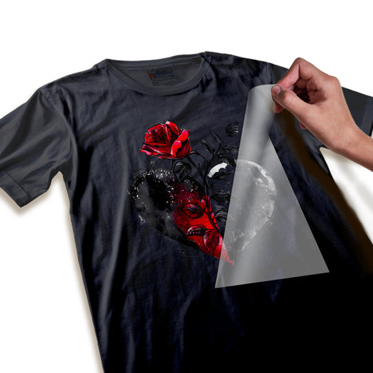 Close-up detail of gothic Valentine DTF transfer showing textured rose petals, splattered effects, and crisp line work in the heart design